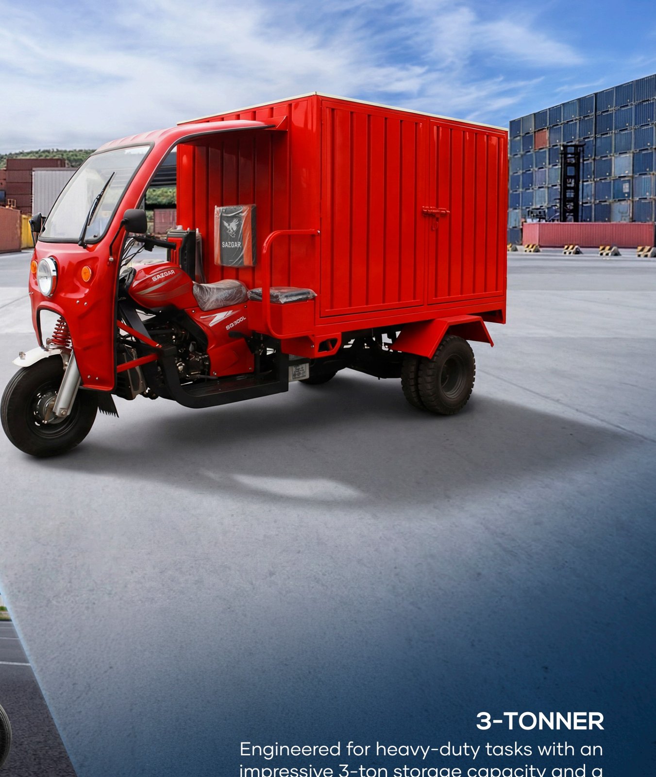 Red Sazgar 3-tonner enclosed cargo three-wheeler