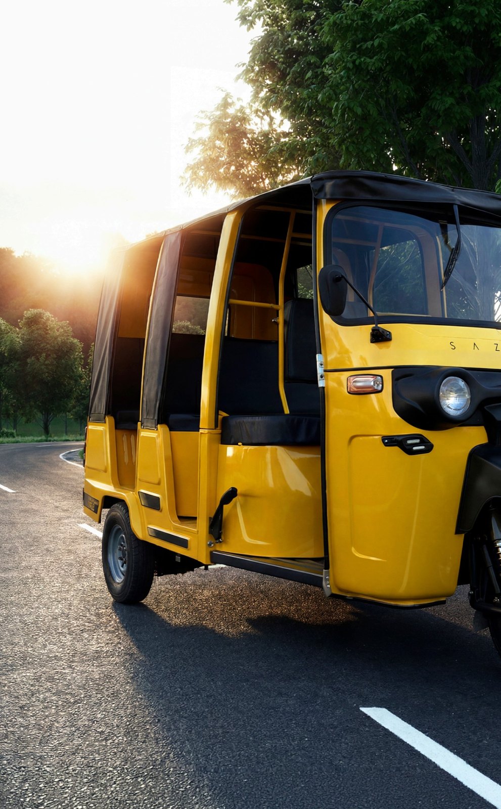 Yellow Sazgar Shuttle 6-seater passenger three-wheeler on a road
