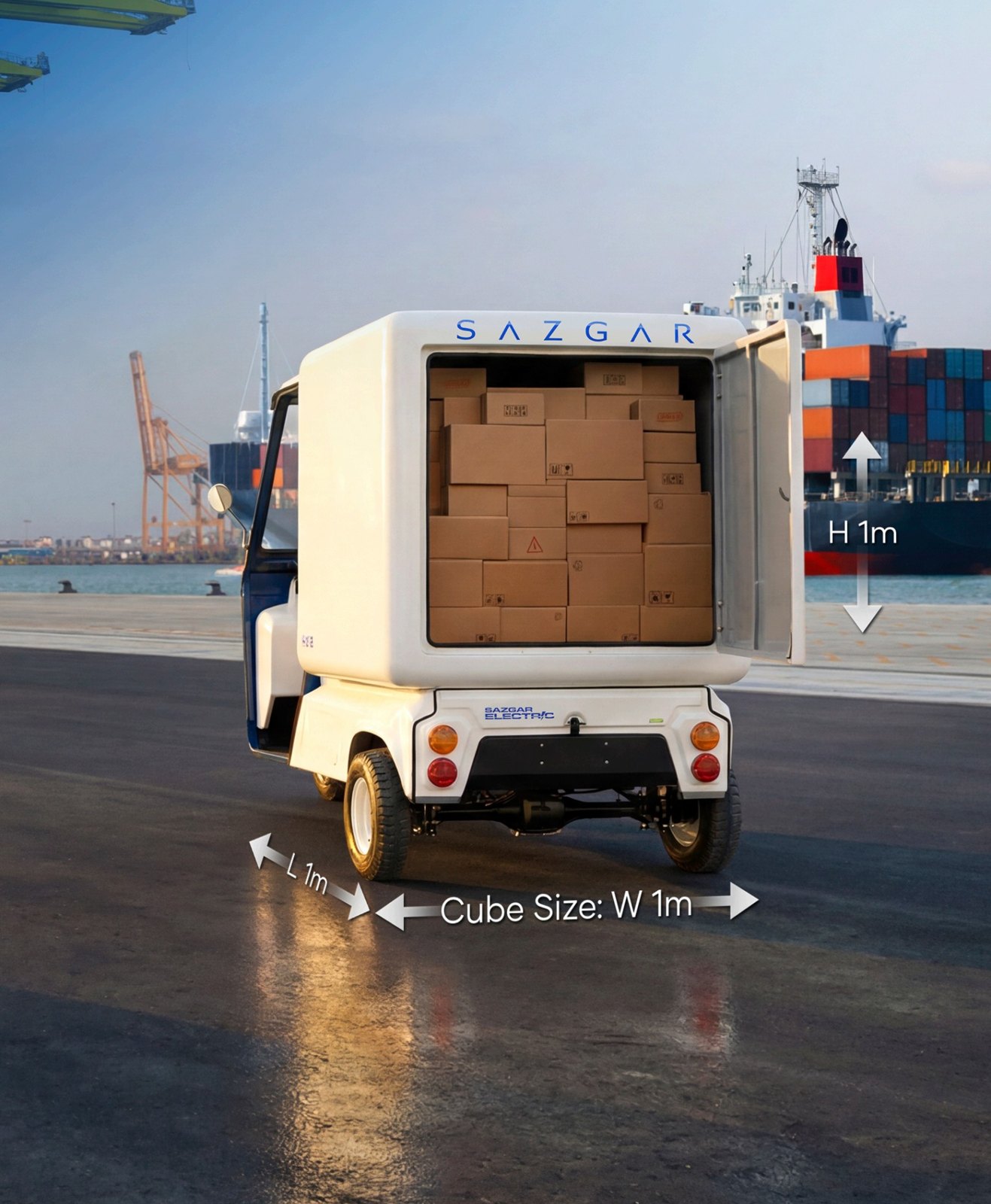 Sazgar Cube delivery three-wheeler with an enclosed 1 metre cargo box