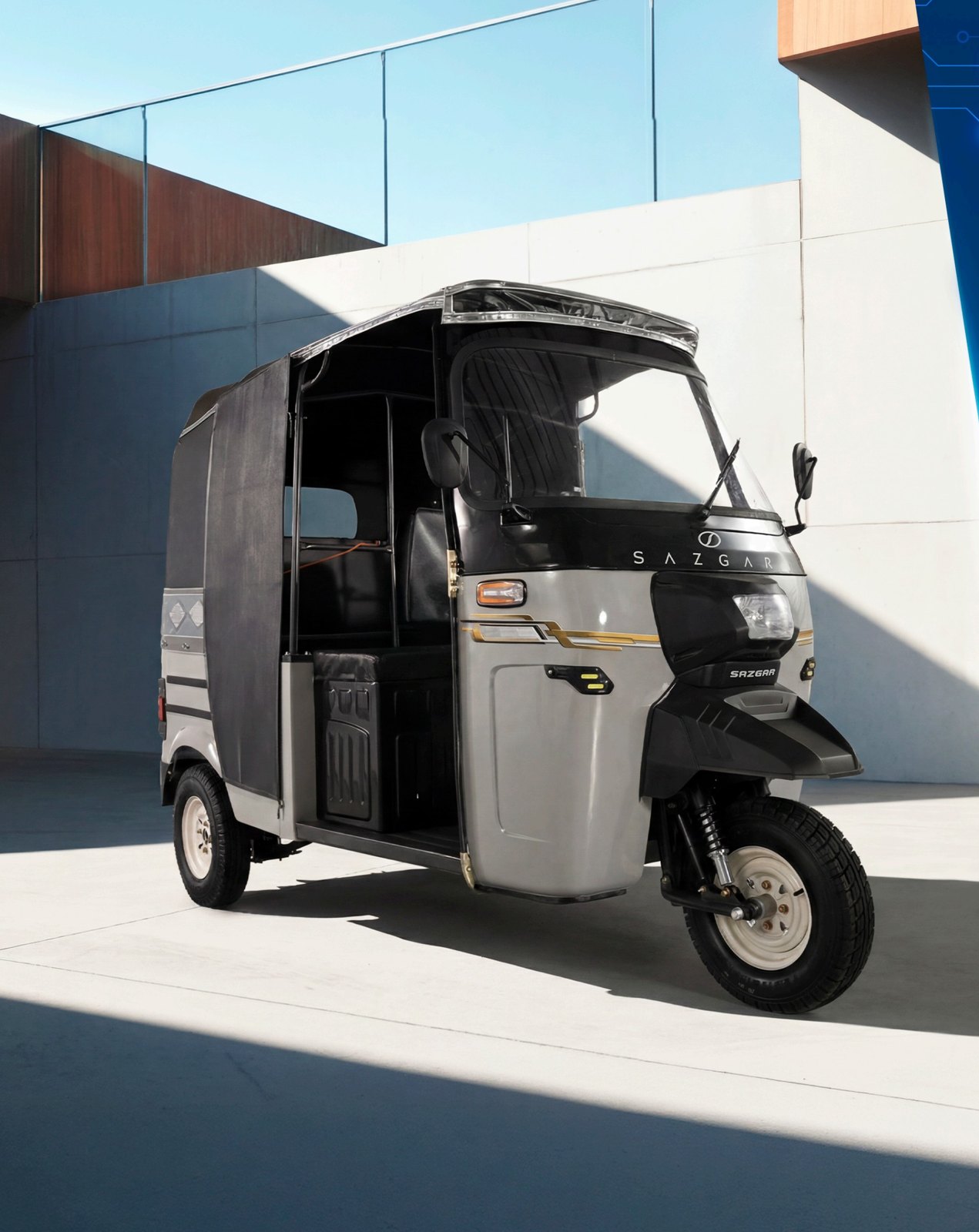 Sazgar Deluxe three-wheeler passenger rickshaw, front three-quarter view