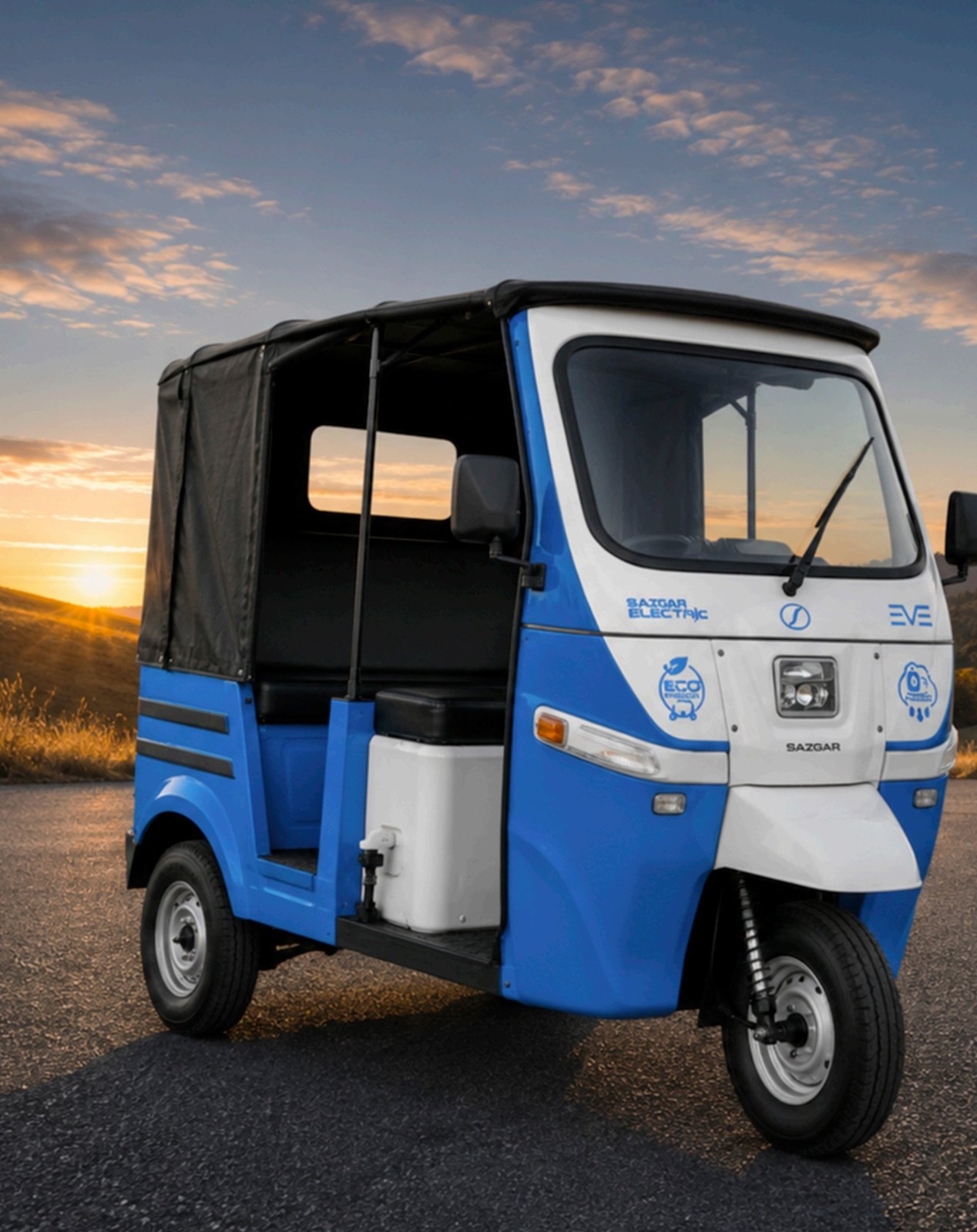 Blue Sazgar EVE electric three-wheeler at sunset