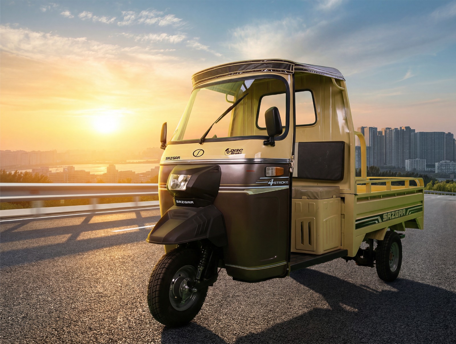 Sazgar Tempo covered-cab cargo three-wheeler on a city highway at sunset