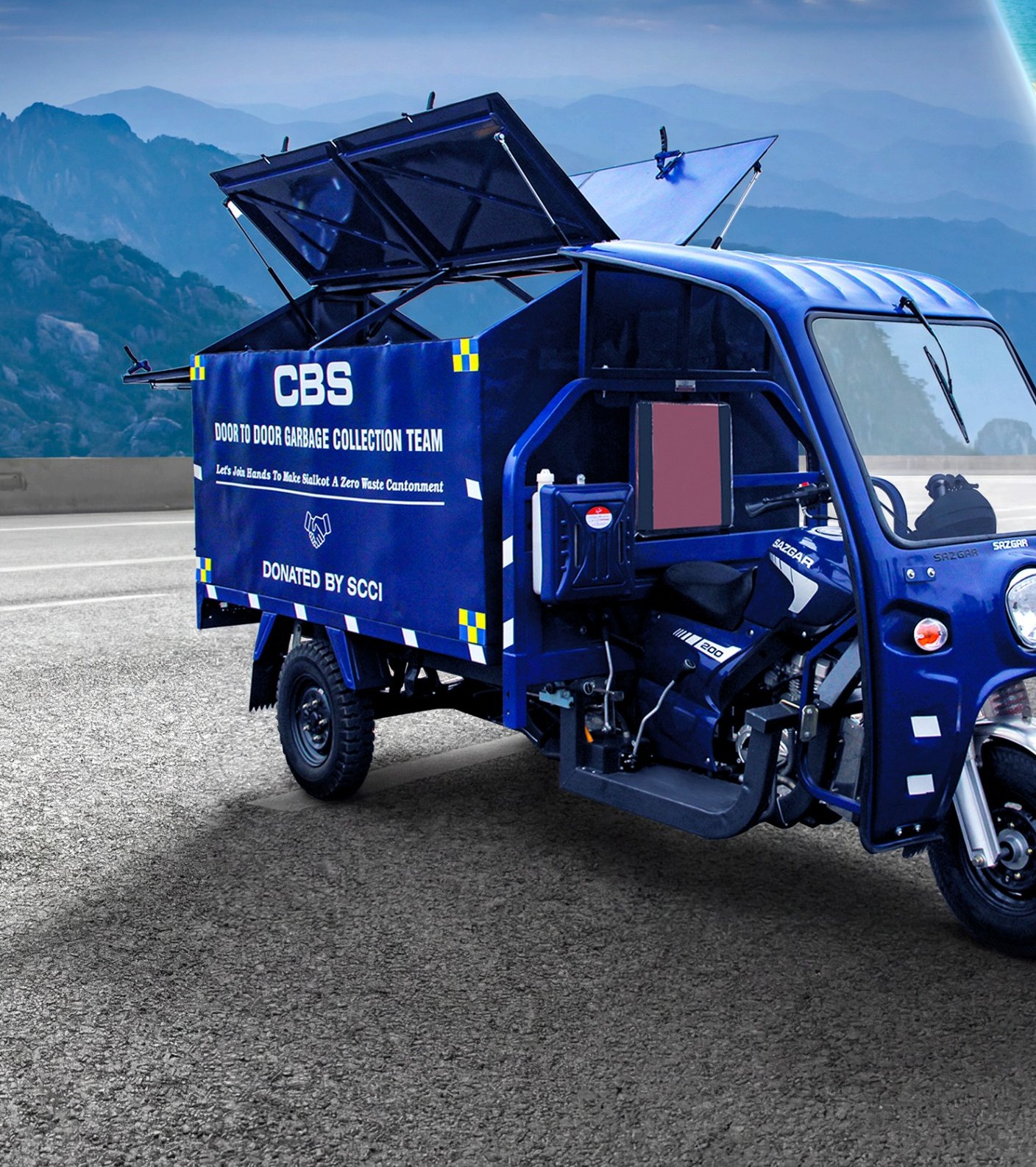 Blue Sazgar garbage collection three-wheeler with hydraulic bed