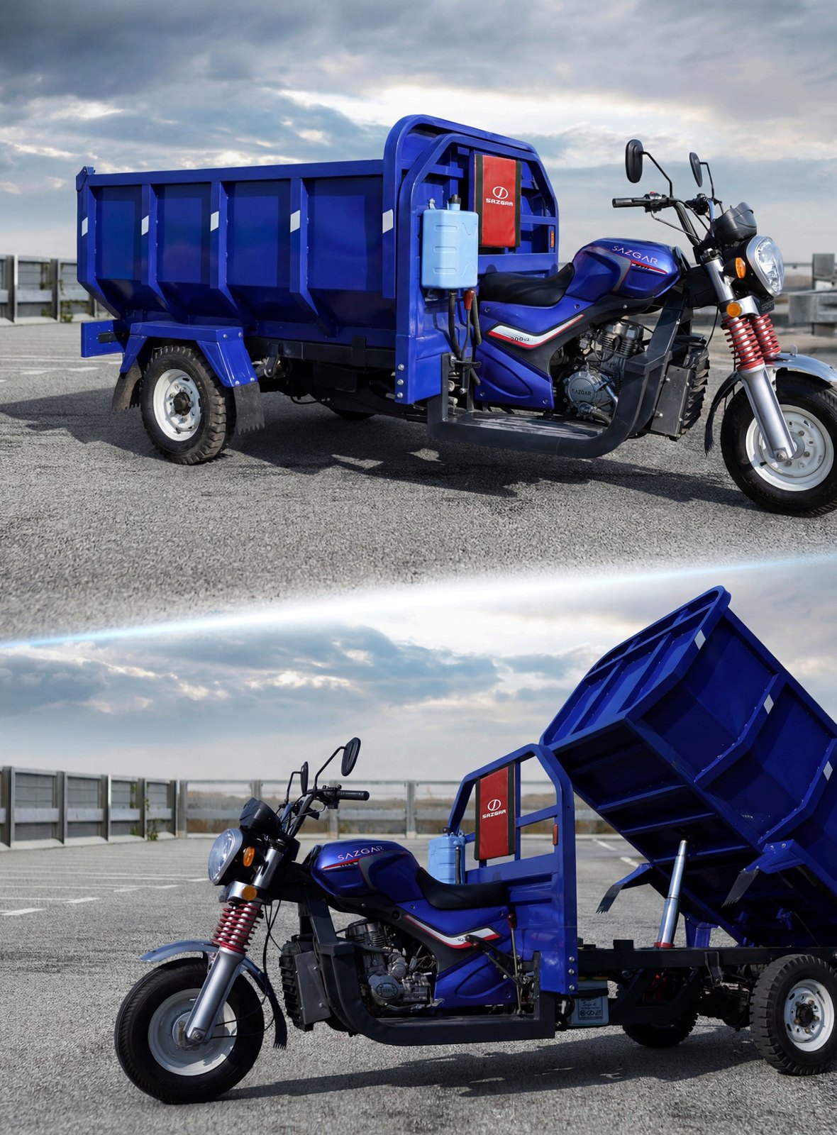 Blue Sazgar Jack Loader three-wheel tipper, bed raised and lowered