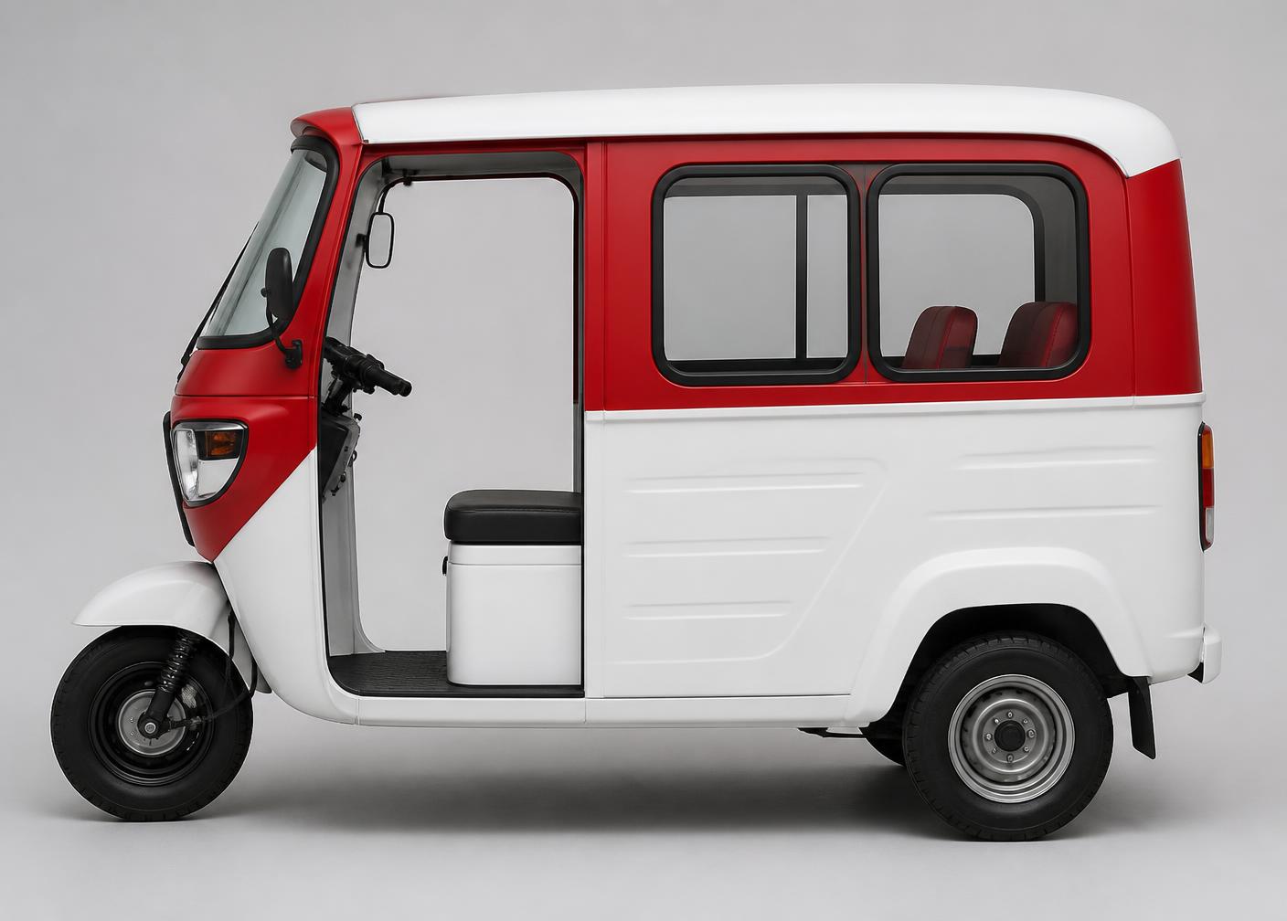 Side profile of the Sazgar passenger rickshaw showing the enclosed passenger cabin